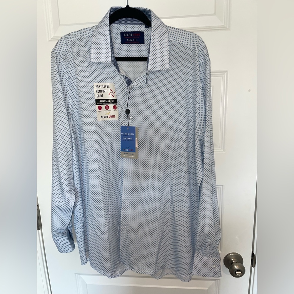 AZARO UOMO Men's Slim Fit Dobby L/S Button Down Shirt Size 2XL - blue